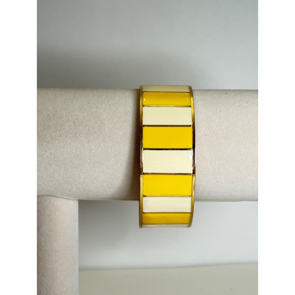 J. Crew Enamel Bangle Bracelet Yellow Cream Striped Gold Tone Vintage 2000s